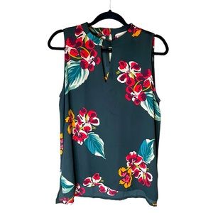 Loft Sleeveless Sheer Floral Top Blouse Green Size Medium